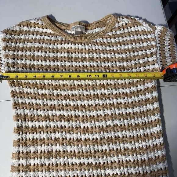 Loft Sweater WM Tan/white Stripe Open Knit Long Sleeve Chic Artisanal Classic - Picture 9 of 13